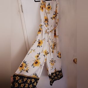 Hint of Blush Sunflower Romper,Yellow Sunflowers, Black and white detail.